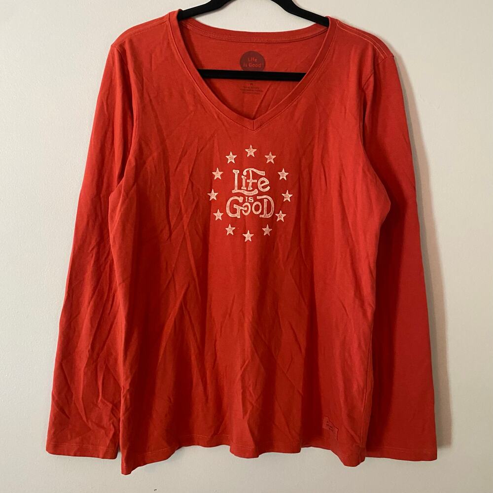 Life Is Good Red Stars Patriotic V-neck Crusher Tee Long Sleeve Women's Medium